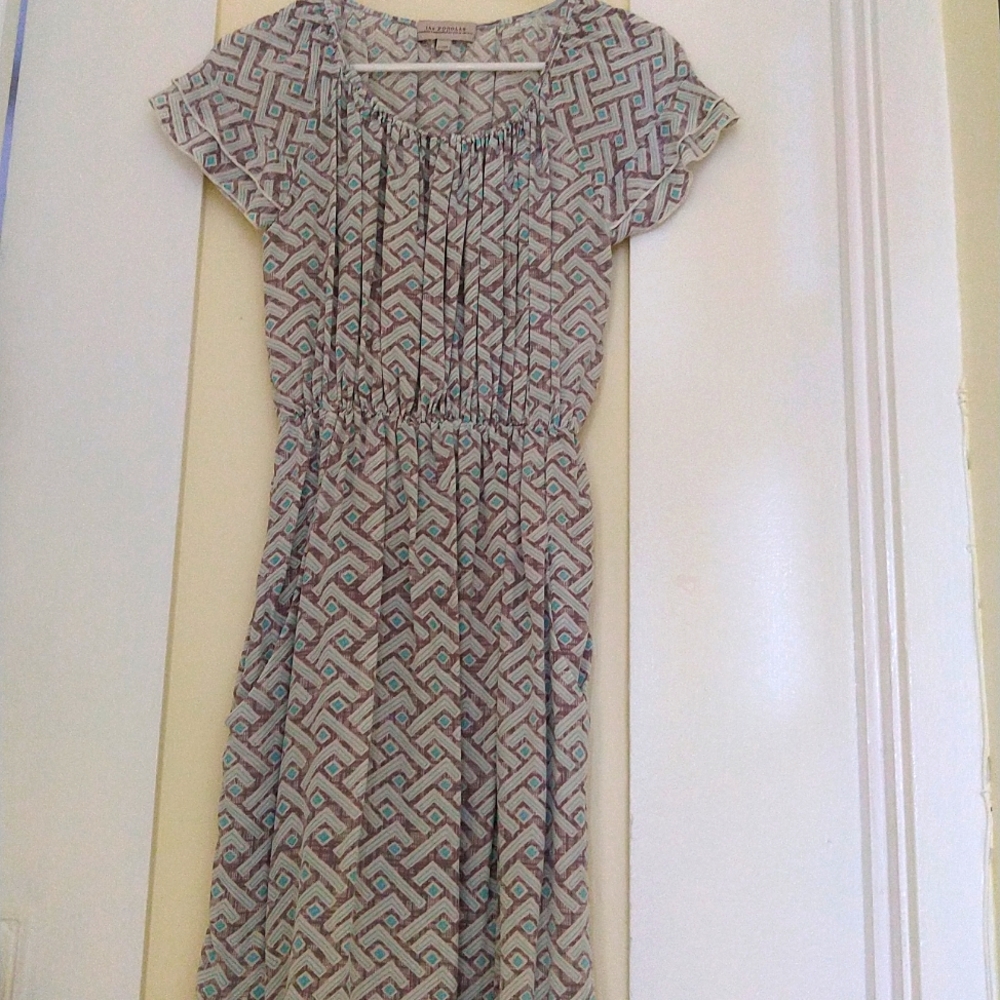 Turquoise, grey and white geometric print silk dress, xs